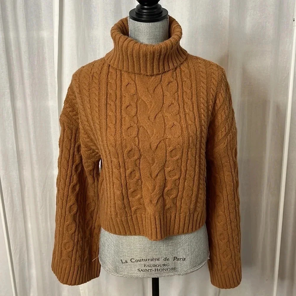 WAYF NWOT Camel Crop Cable Knit Turtleneck Sweater Wide Sleeve, Size S